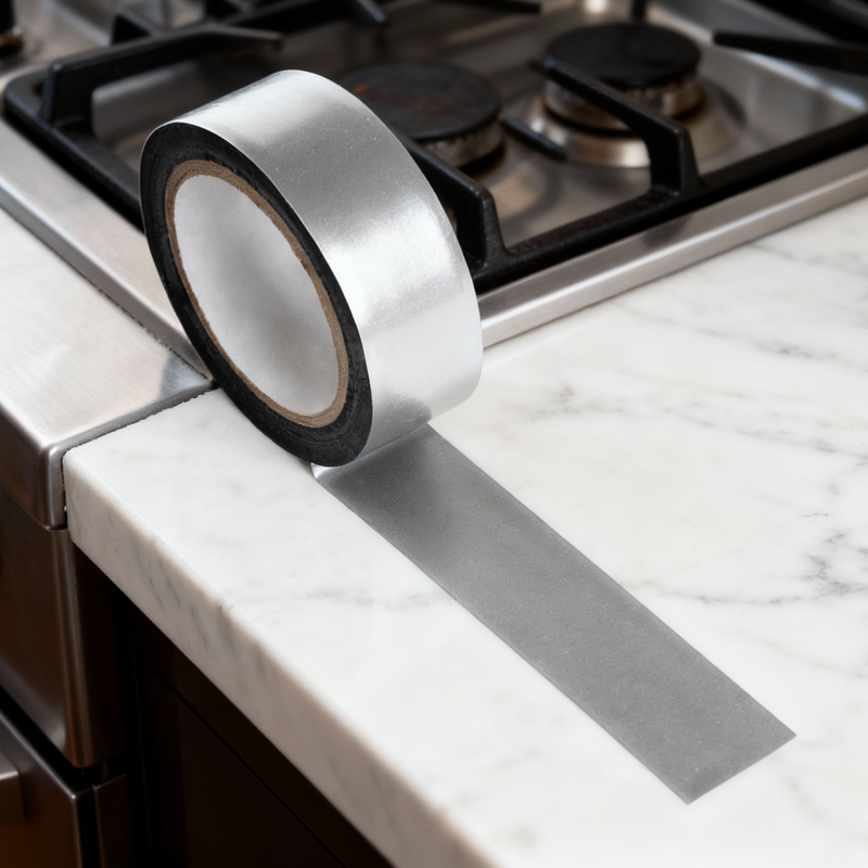 Roll of silver tape on a marble kitchen countertop next to a stove.