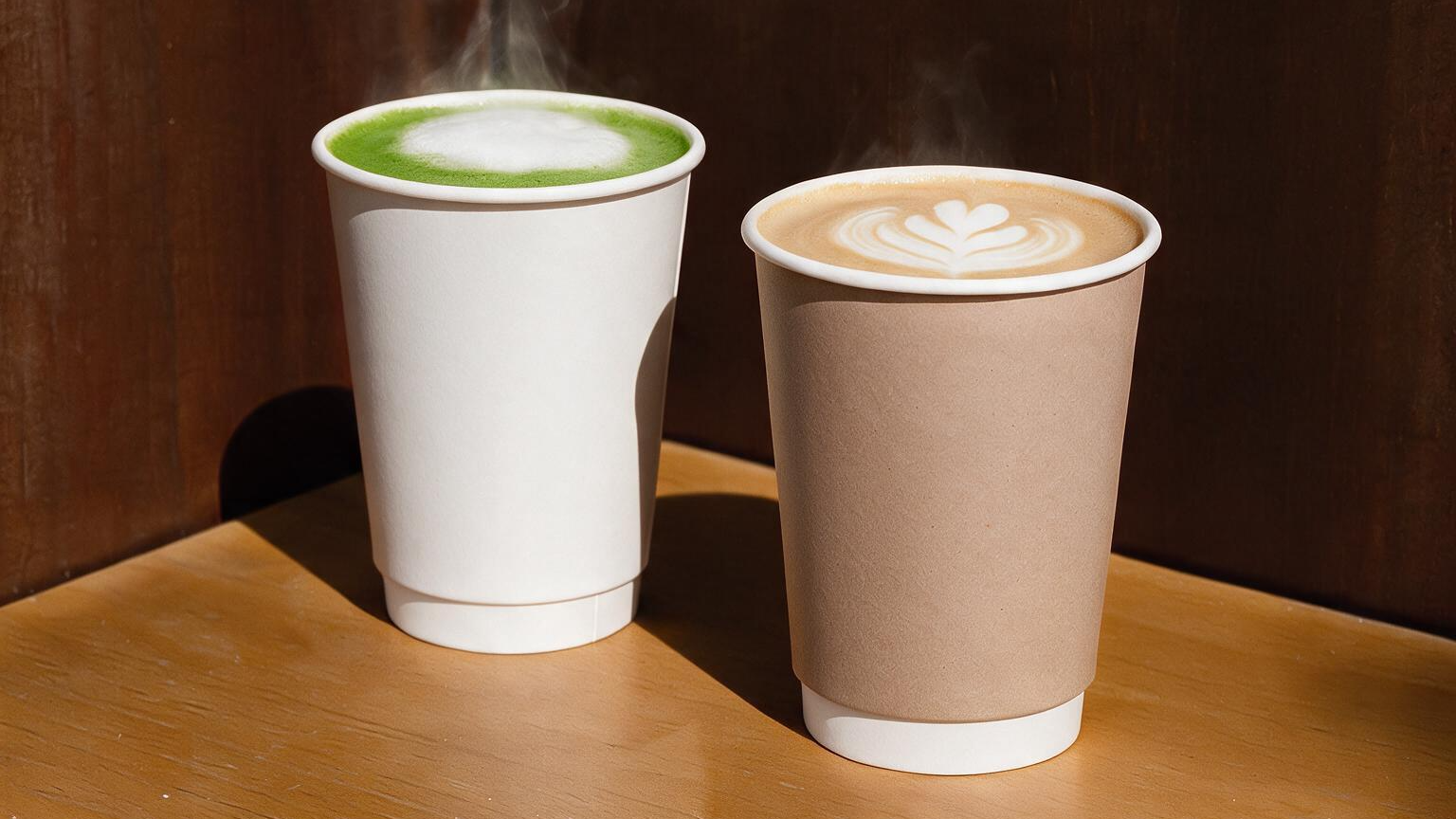 Two insulated PE or PLA paper cups on a wooden table, one filled with a green matcha drink and one with a latte featuring white leaf art, set against a dark wood background.