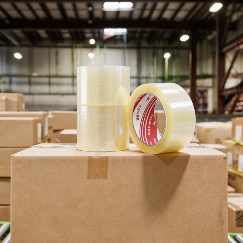 Two rolls of clear OPP tape on a cardboard box in a warehouse setting